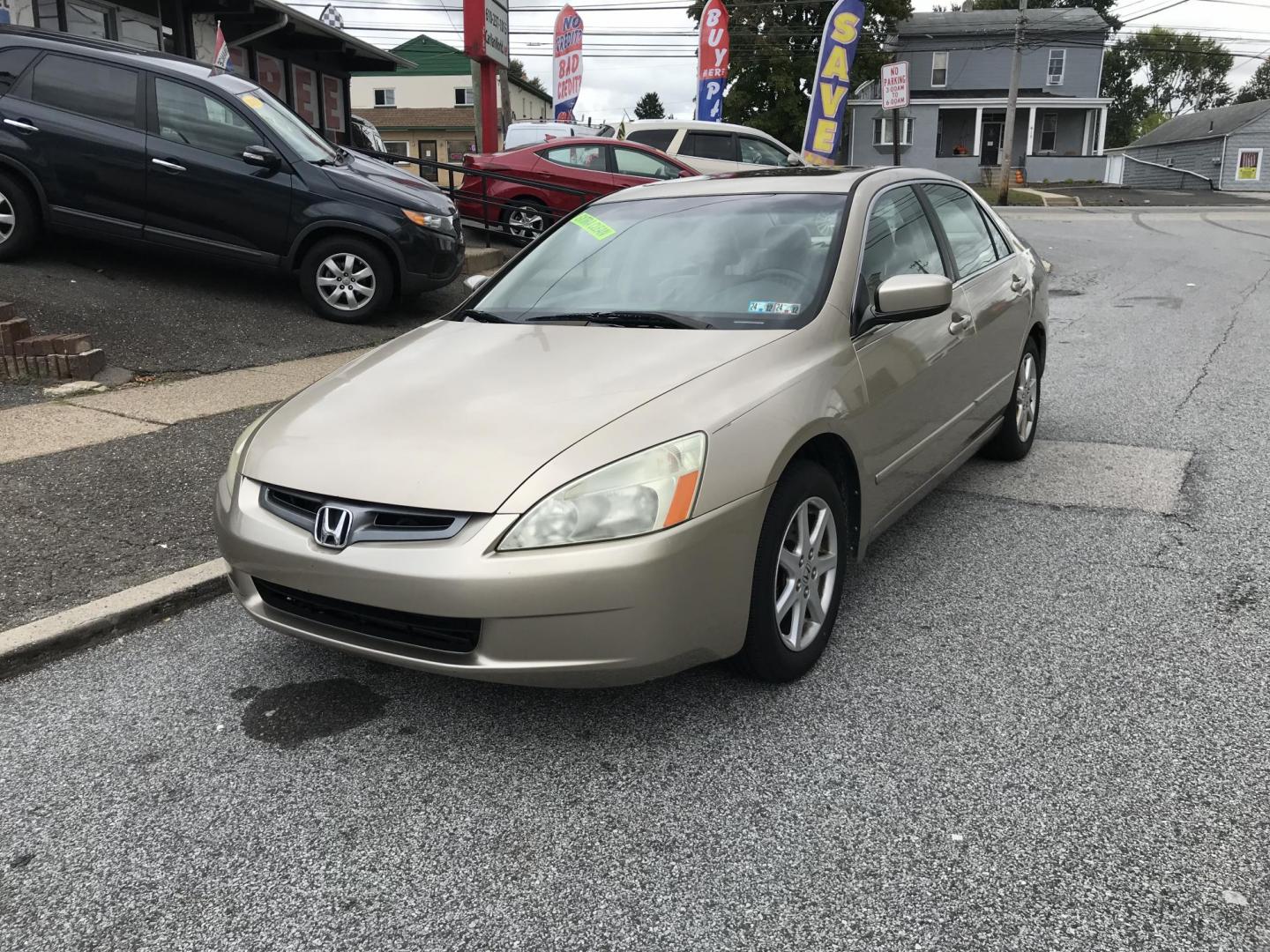 2004 Gold /Tan Honda Accord EX V-6 Sedan (1HGCM66594A) with an 3.0L V6 SOHC 24V engine, 5-Speed Automatic Overdrive transmission, located at 577 Chester Pike, Prospect Park, PA, 19076, (610) 237-1015, 39.886154, -75.302338 - Photo#1